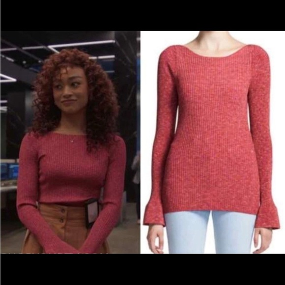 Theory Cabled Print Ribbed Boat Neck Sweater Top SUNSET MULTI Size M - Picture 2 of 11